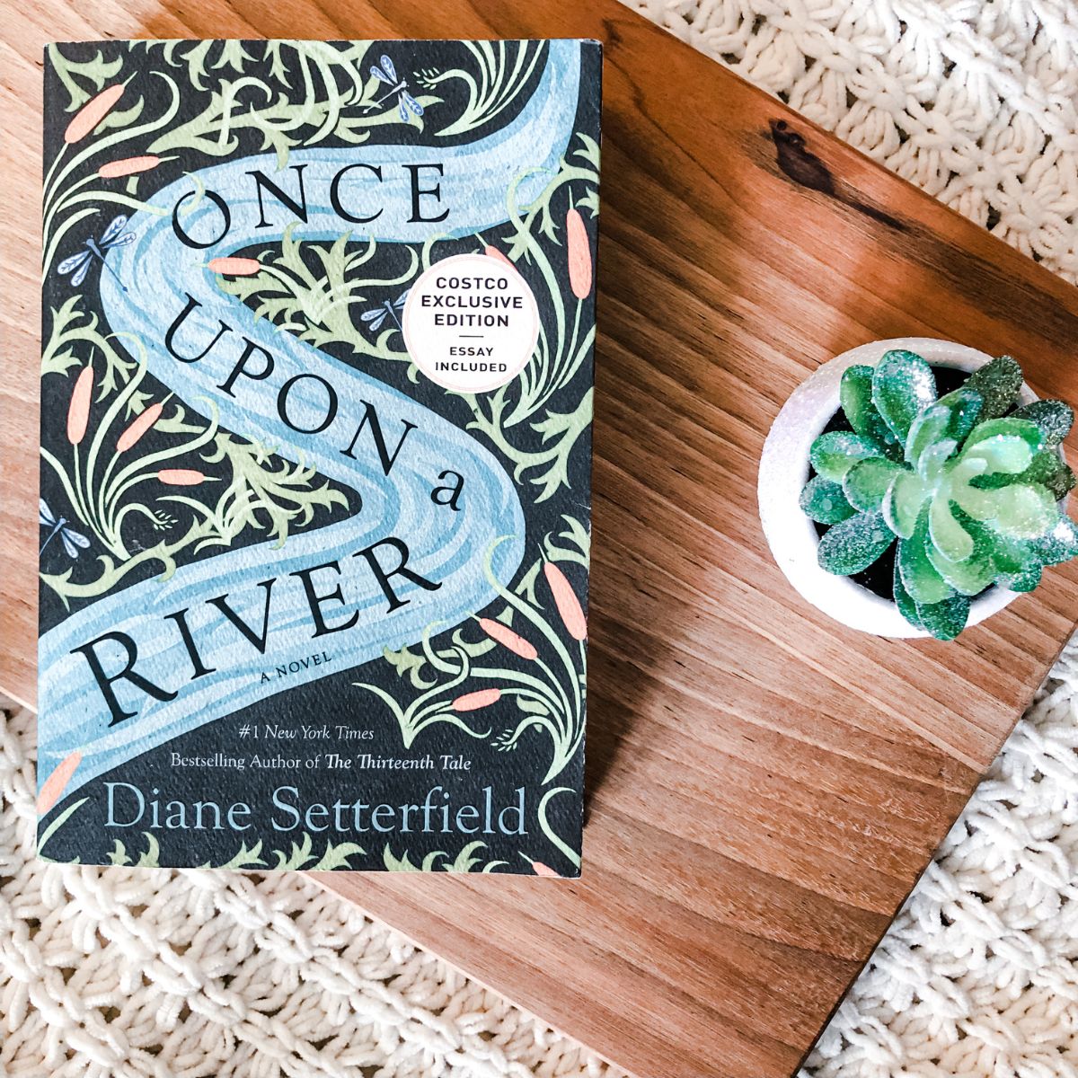 Once Upon a River paperback book on a wooden platter with a small succulent plant beside it