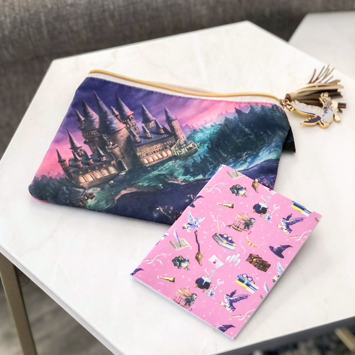 bookish Harry Potter zipper pouch with illustrated notebook