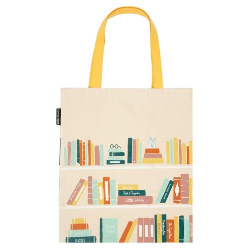 canvas tote bag with book shelf design
