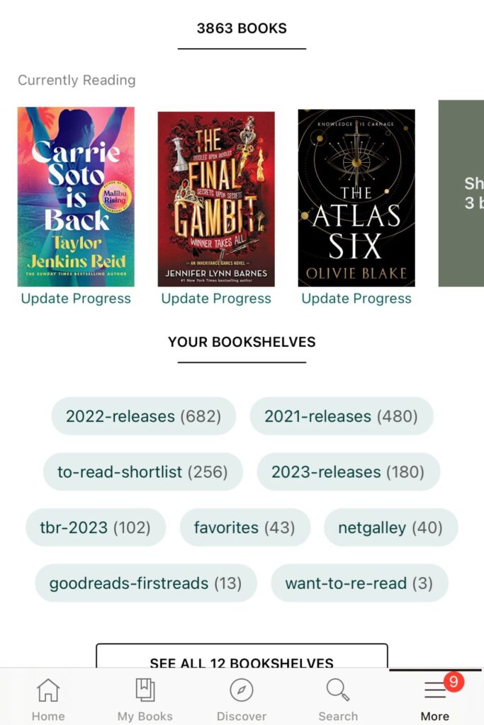 goodreads app screenshot of account homepage with book lists