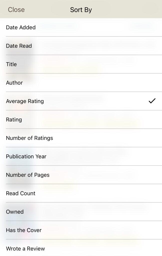 screenshot of book sorting factors on Goodreads app