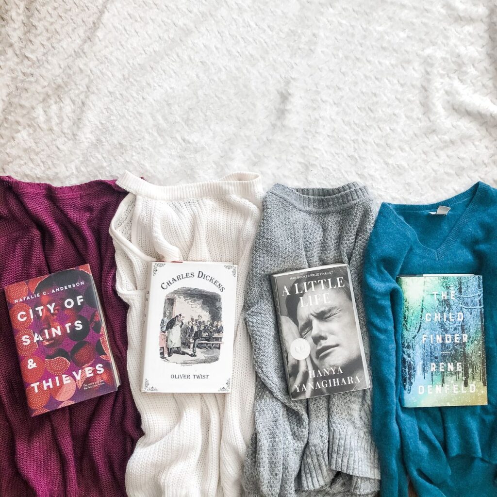 mood reading different colored sweaters matched with book covers to represent feelings