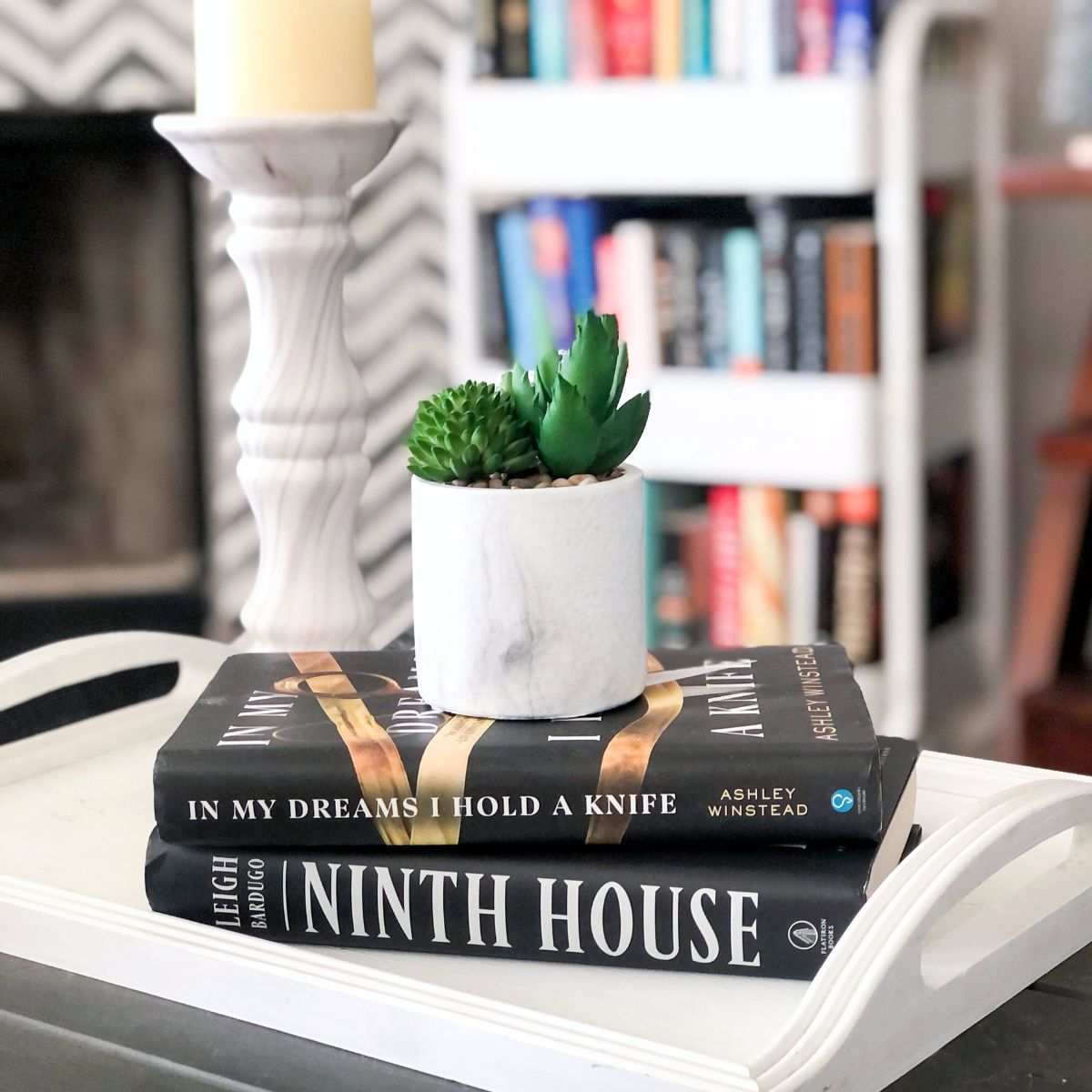 stack of dark academia books on a white wooden tray with a houseplant on top