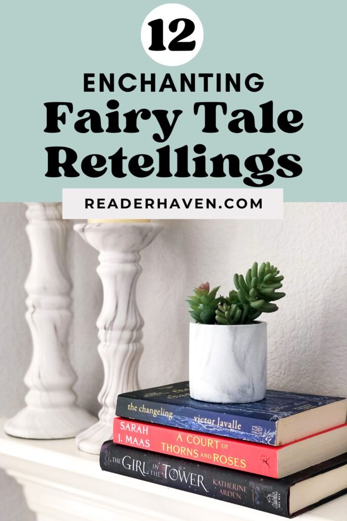 a stack of fairy tale retelling novels sitting on a white fireplace mantel with a small plant on top