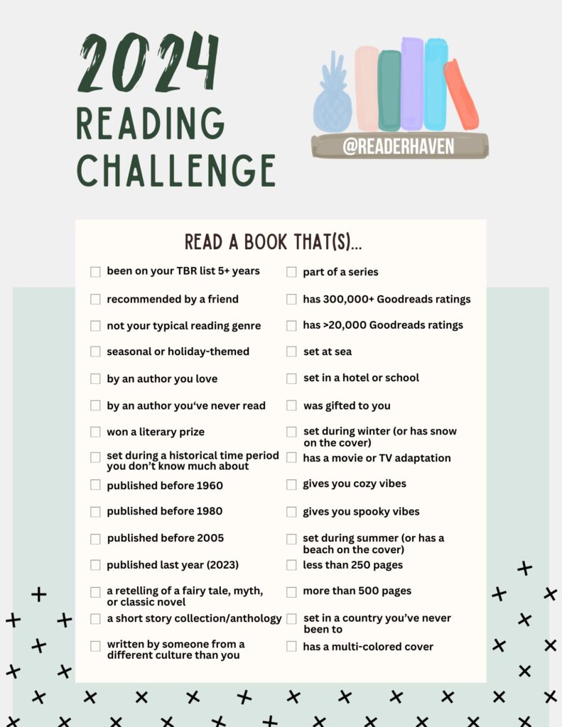 Reader Haven 2024 reading challenge checklist