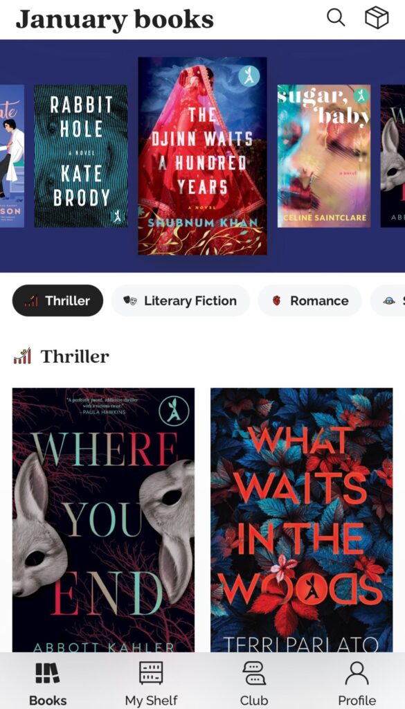 screenshot of Aardvark book club app home screen with book covers
