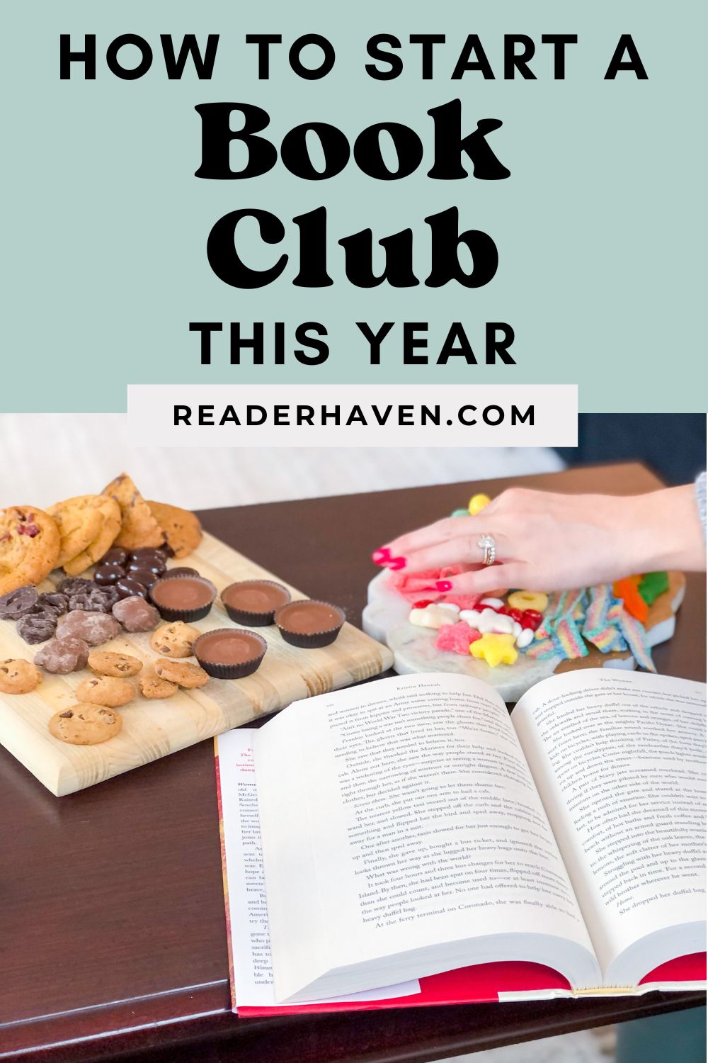 book club snacks on serving trays next to an open book on a wooden coffee table